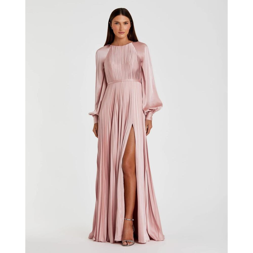 Mac Duggal 26590 Blush Pink Pleated High Neck Long Sleeve Gown Sz 2 NEW